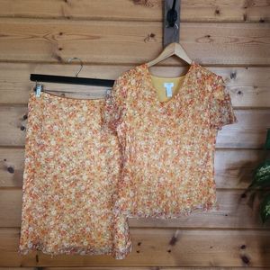 Address Maggy 💜Vintage 100% Silk 2 Piece Top Skirt Set Sheer Floral Outfit Sz 8